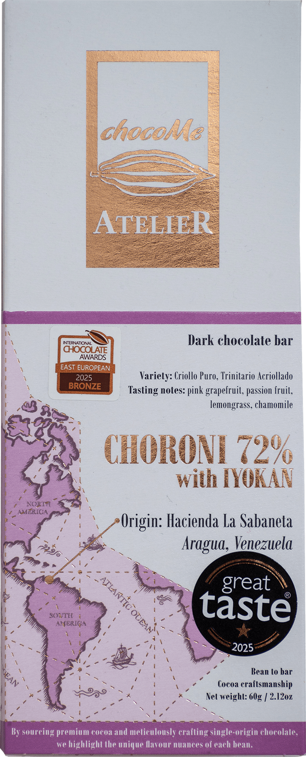 CHOCOME ATELIER 72%-os Étcsokoládé Choroni-ból származó kakaóbabból, kandírozott iyokan héjjal (60 g)