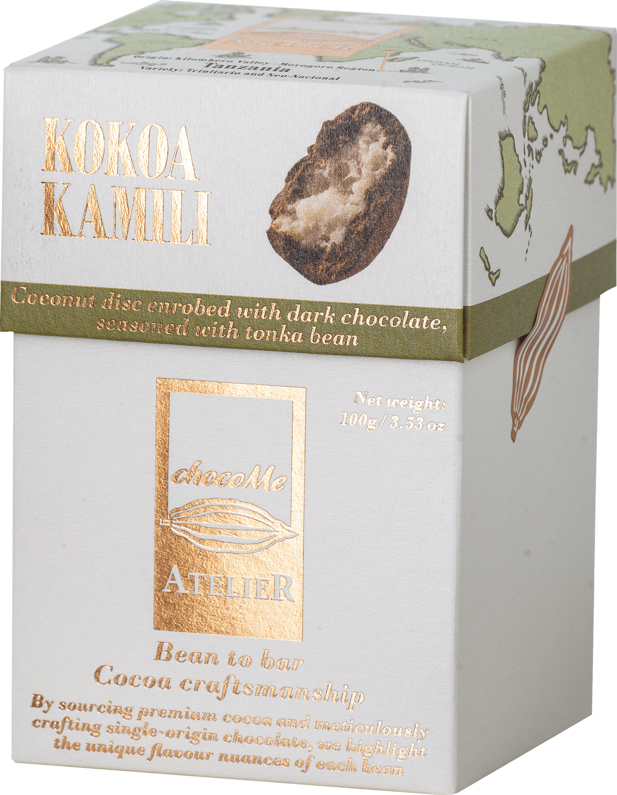 CHOCOME ATELIER Kokoa Kamili dark chocolate-coated coconut disc spiced with tonka bean 70% (100 g)