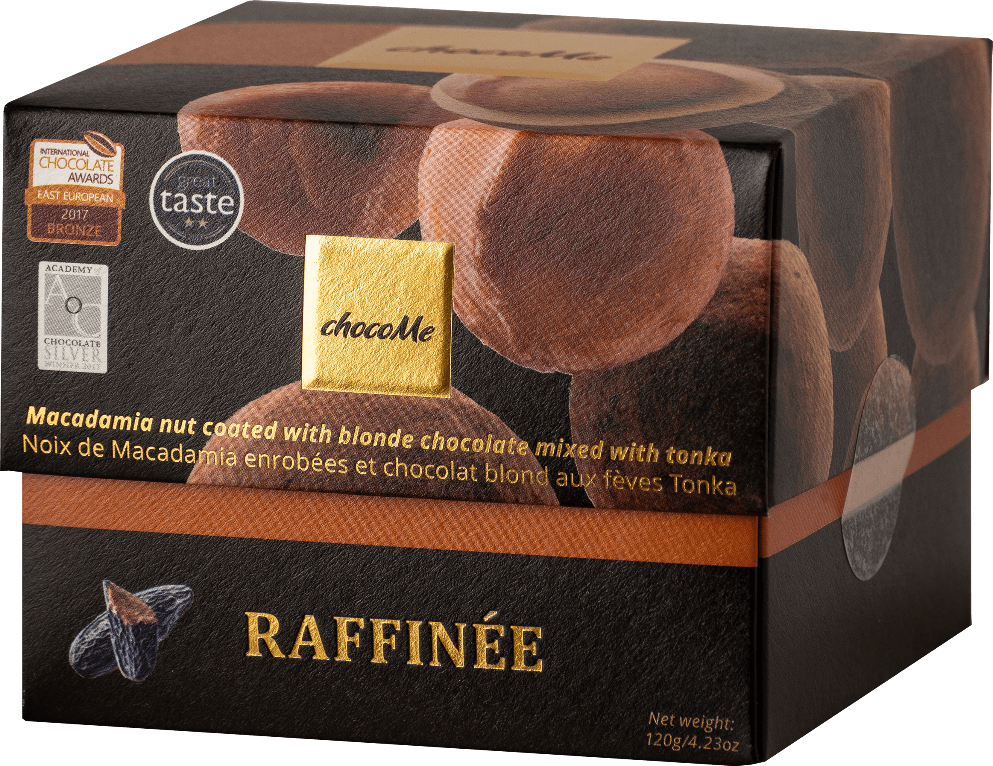 CHOCOME Macadamia nuts coated with tonka beans, white chocolate and cocoa powder (120 g)
